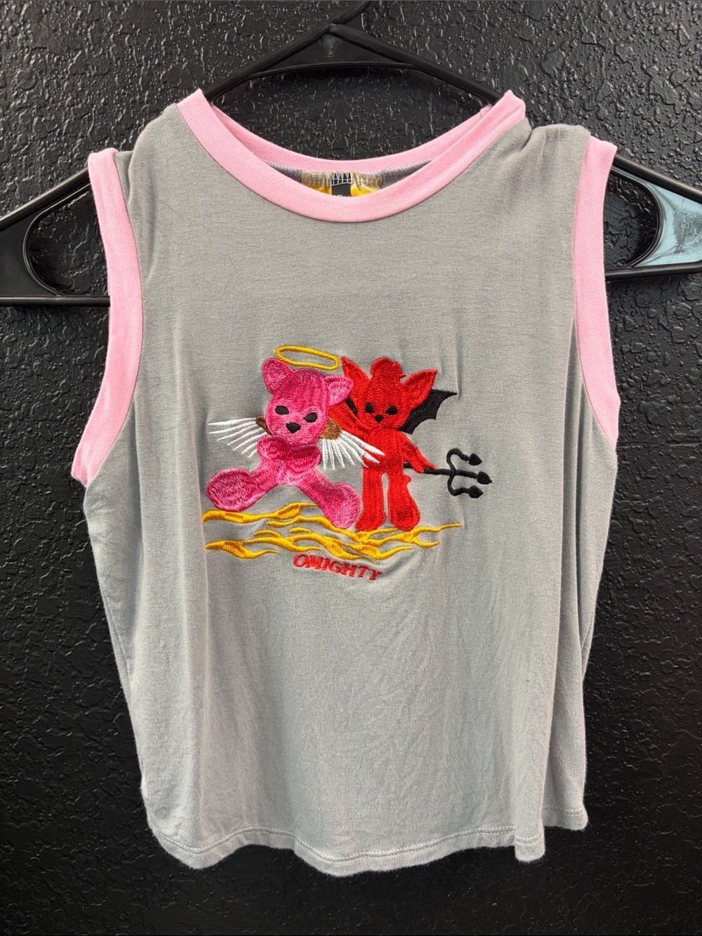 omighty Grey Crop Tank with Pink Trim & Embroidered Angel/Devil Motif